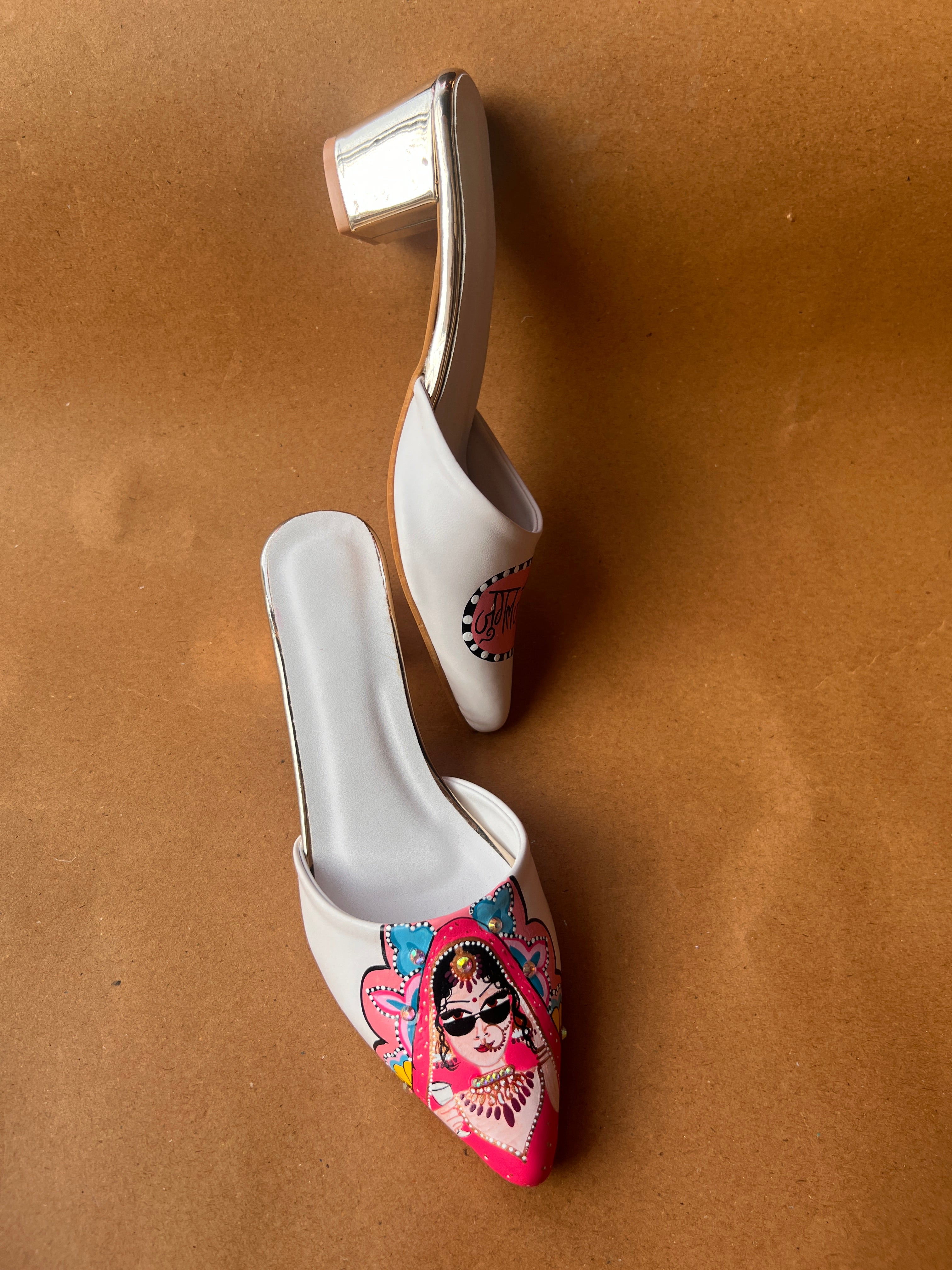 White pink 2 inch swag bride mules