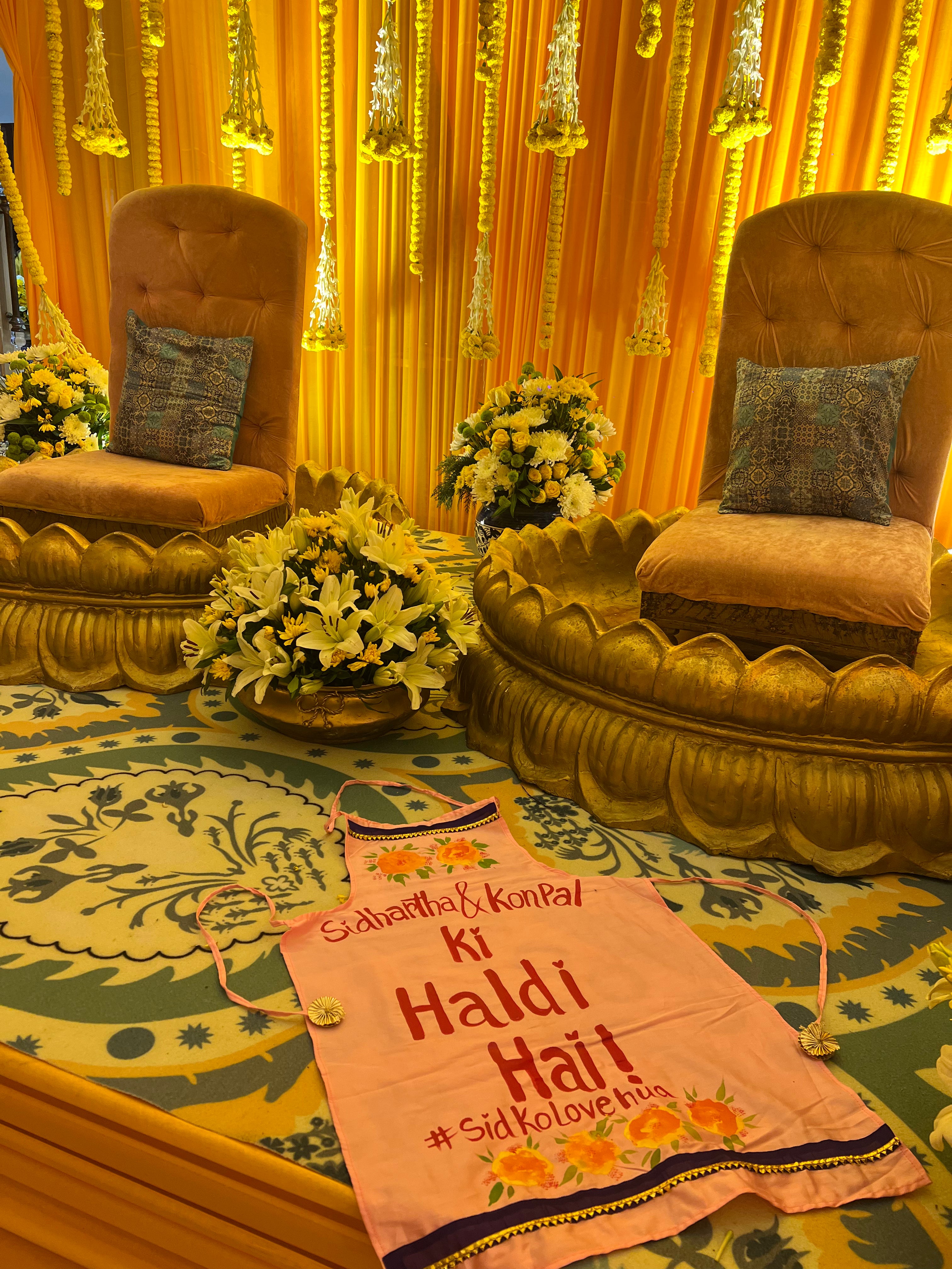 Baby pink apron with couples name + hashtag