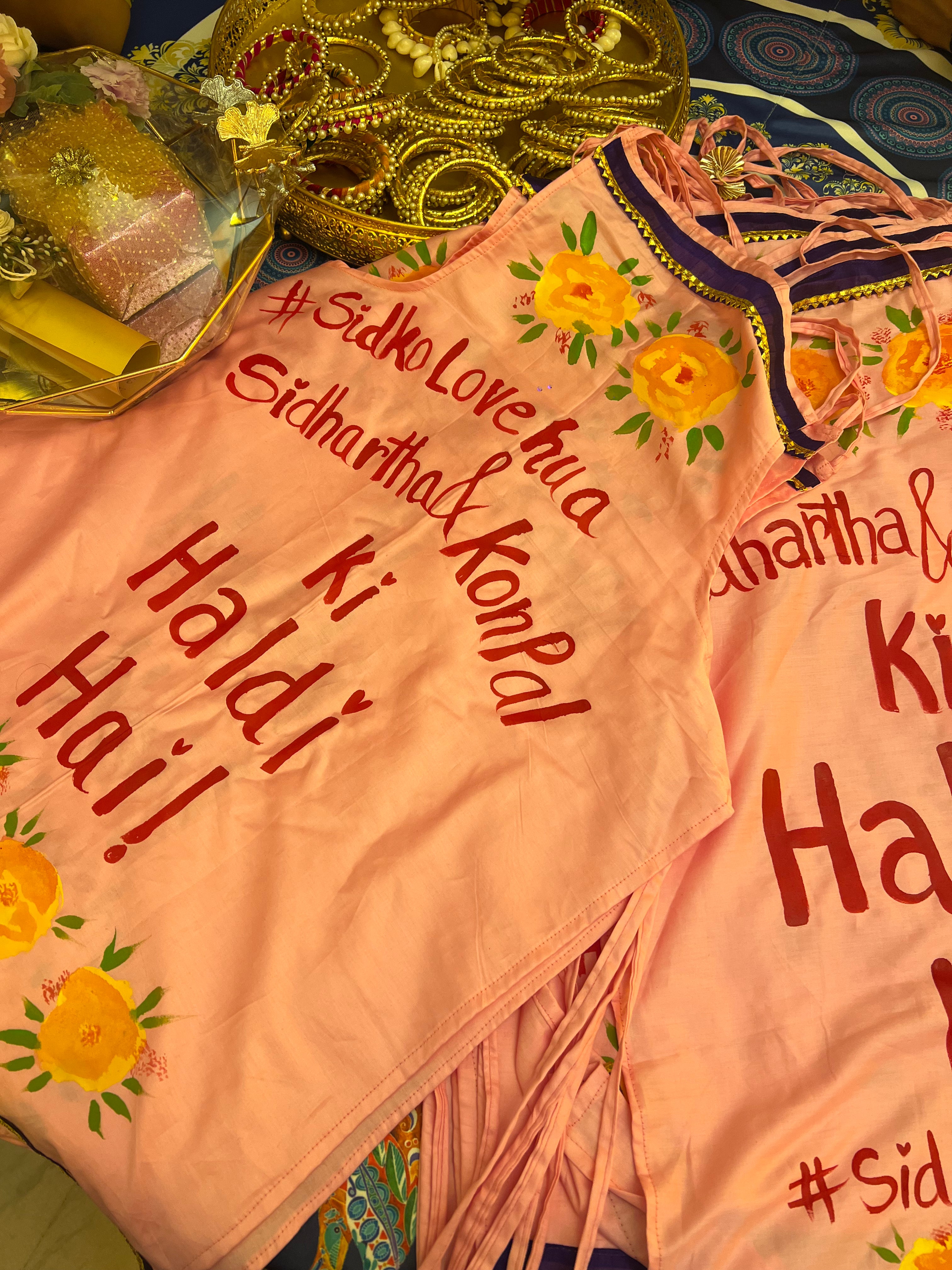 Baby pink apron with couples name + hashtag