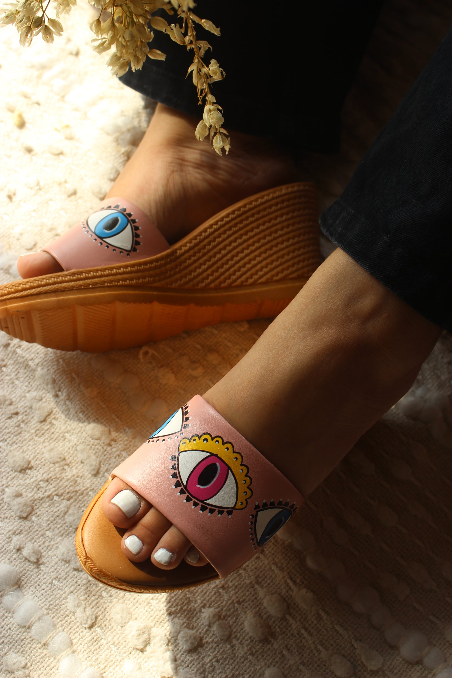 Peach evil eyes wedges