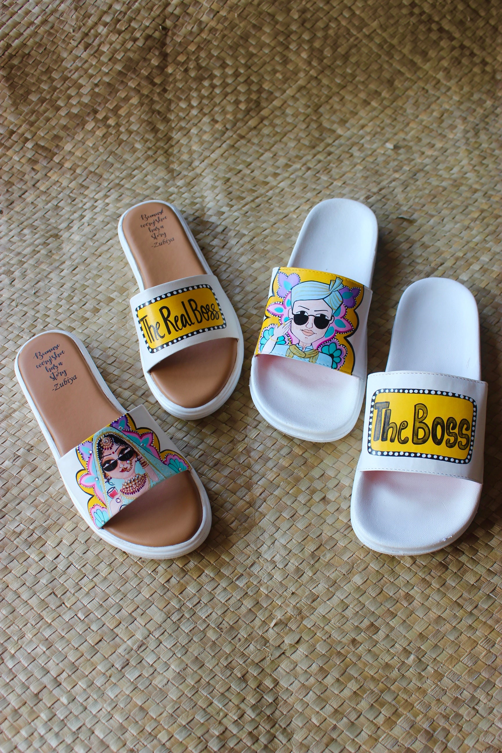 Boss Sliders white-yellow swag couple flats combo