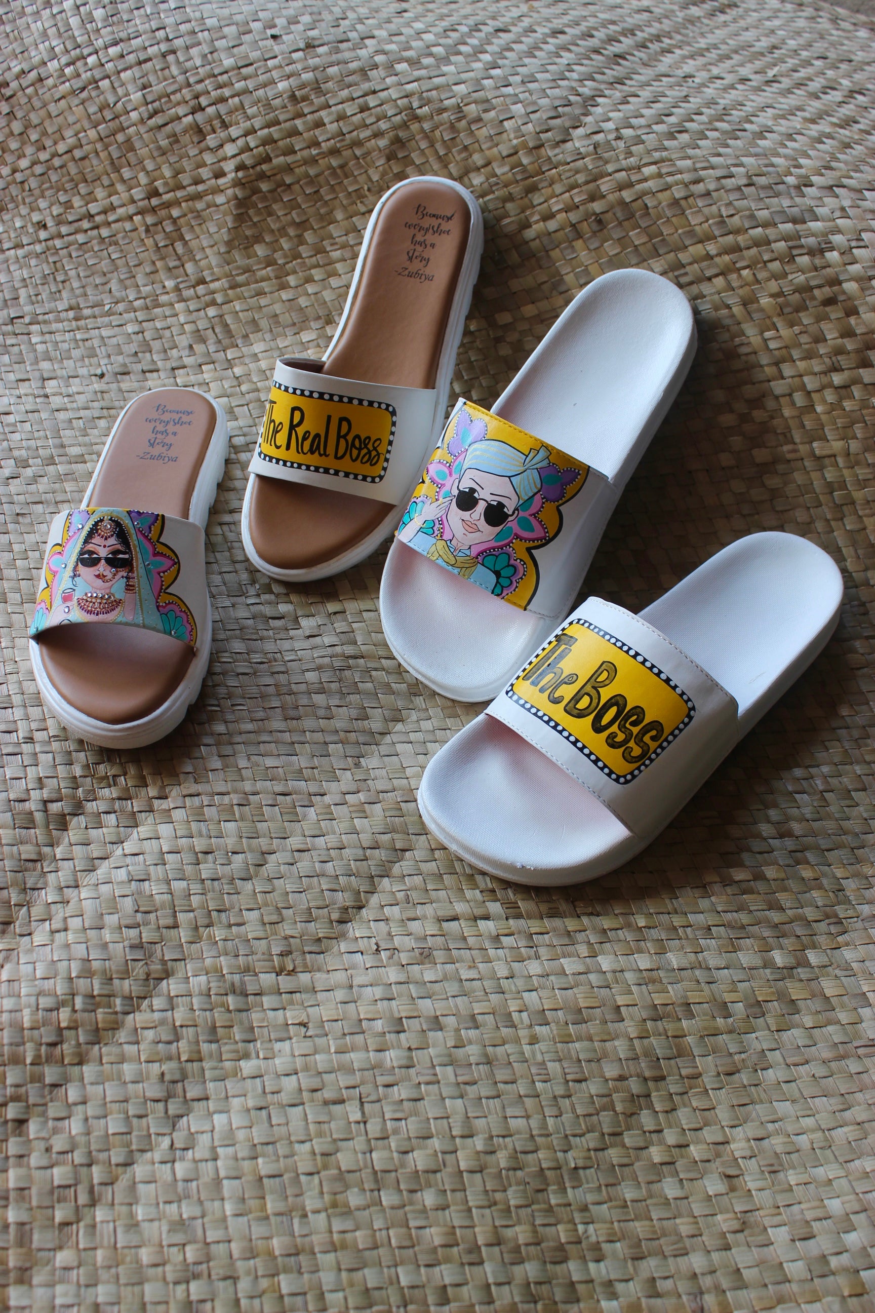 Boss Sliders white-yellow swag couple flats combo