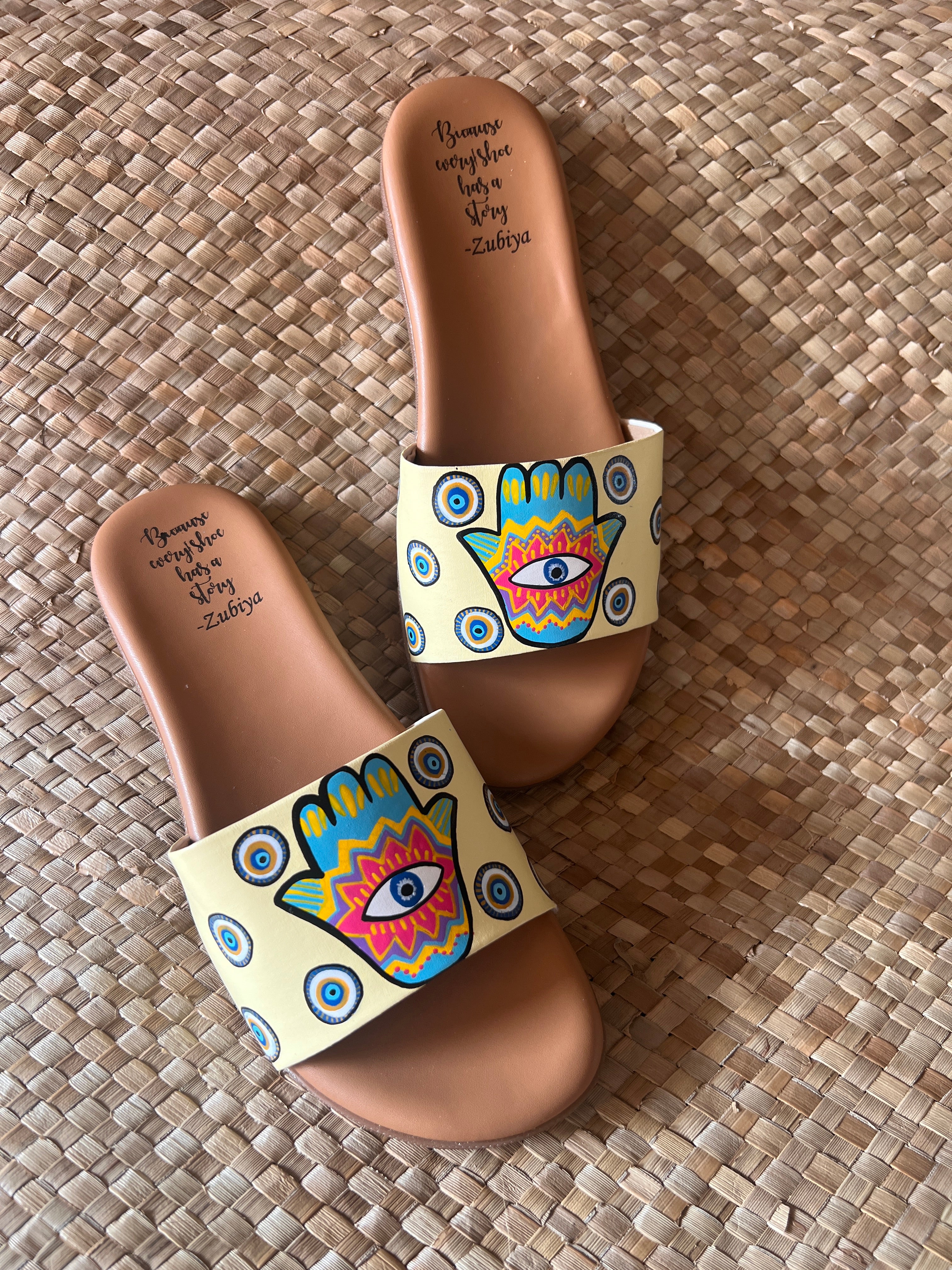 Hand of Hamsa (evil eye) brown sole slider