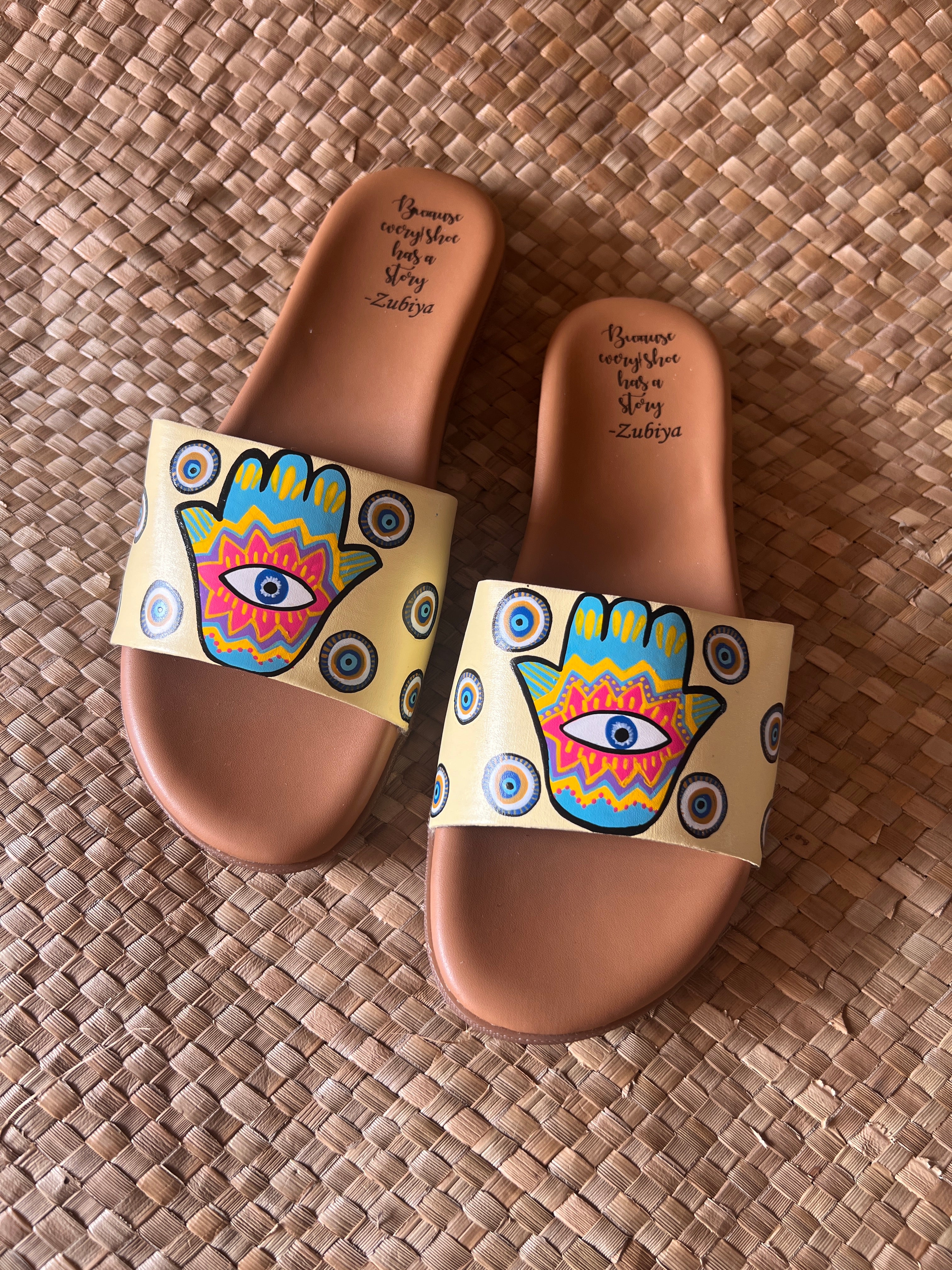 Hand of Hamsa (evil eye) brown sole slider