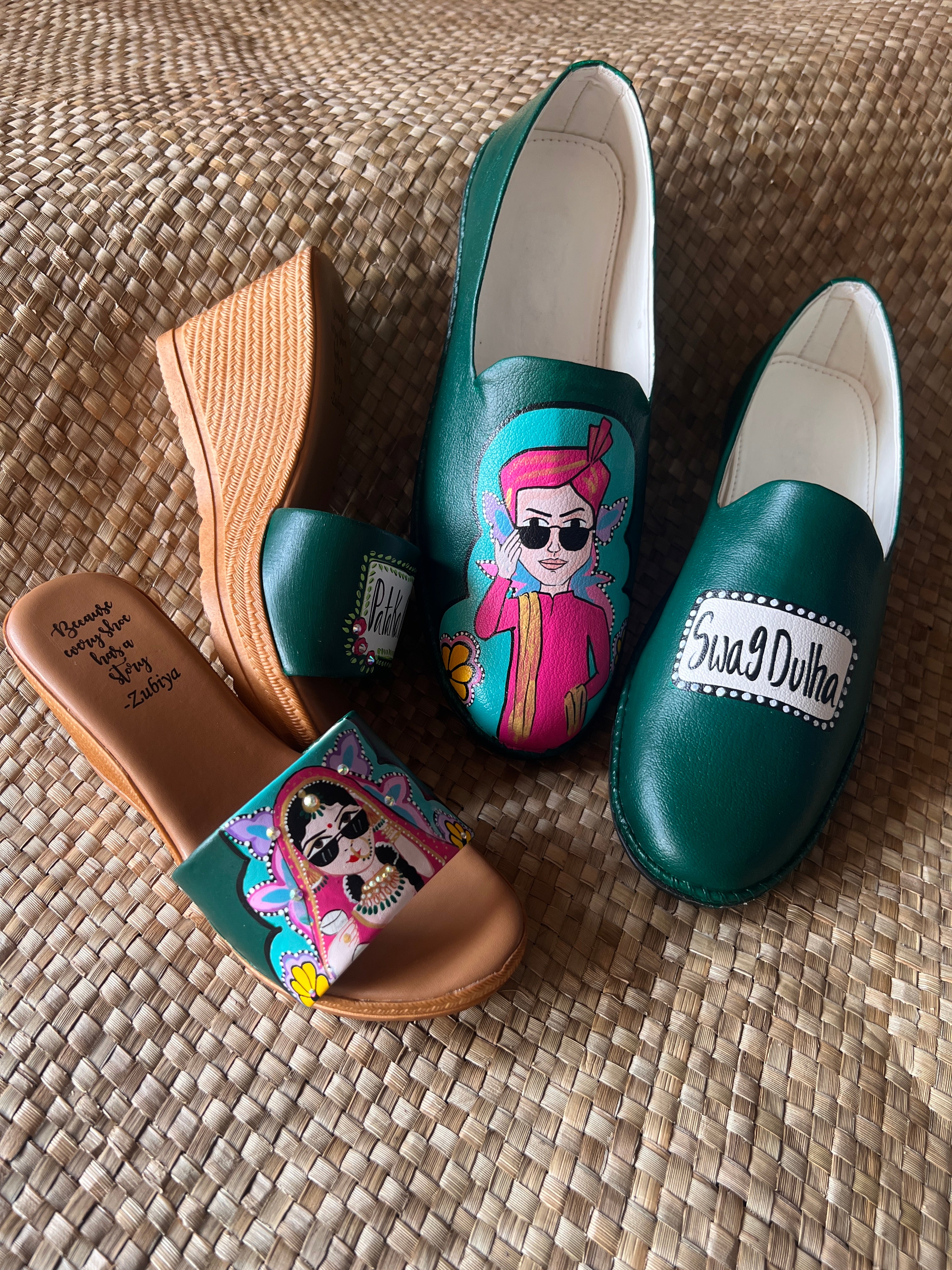 Emerald green Mojris and wedges heel couple Combo