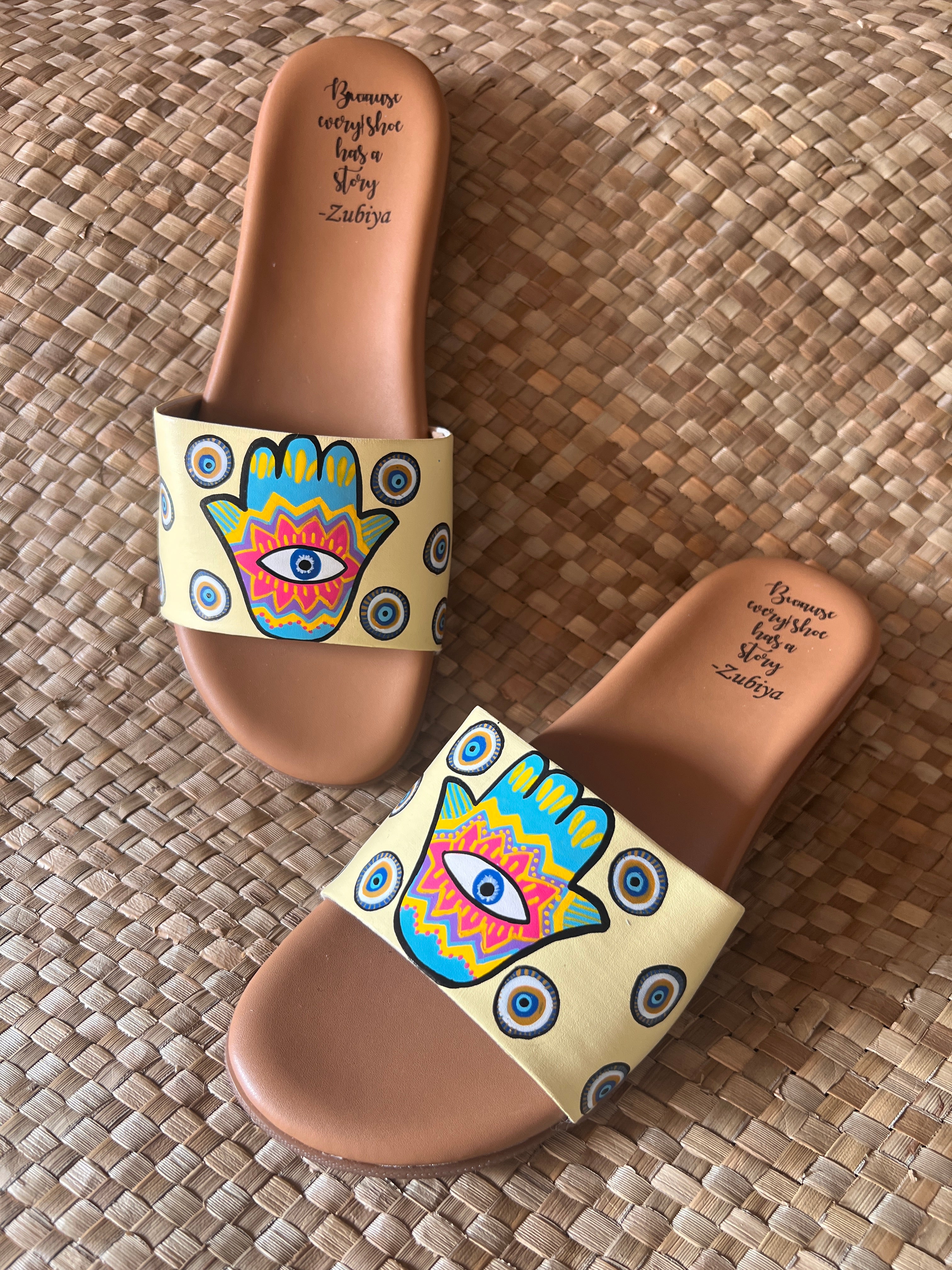 Hand of Hamsa (evil eye) brown sole slider