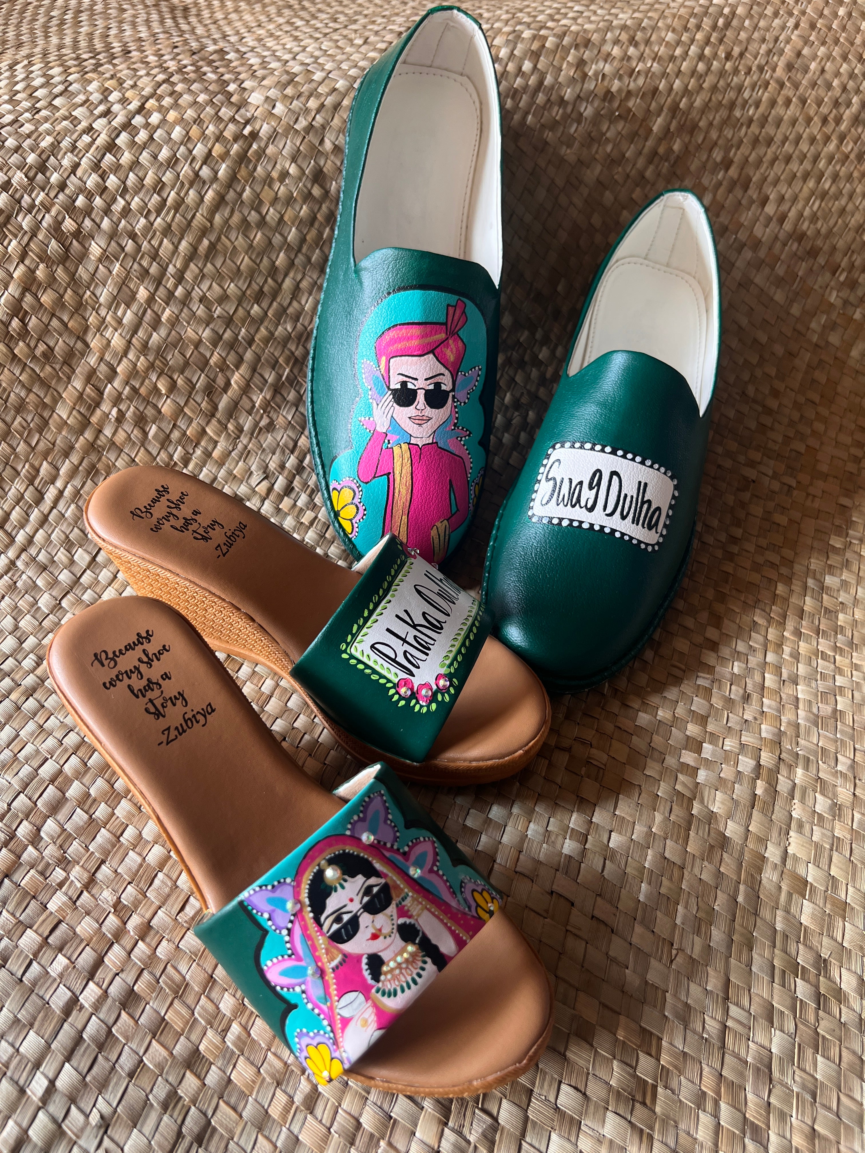 Emerald green Mojris and wedges heel couple Combo