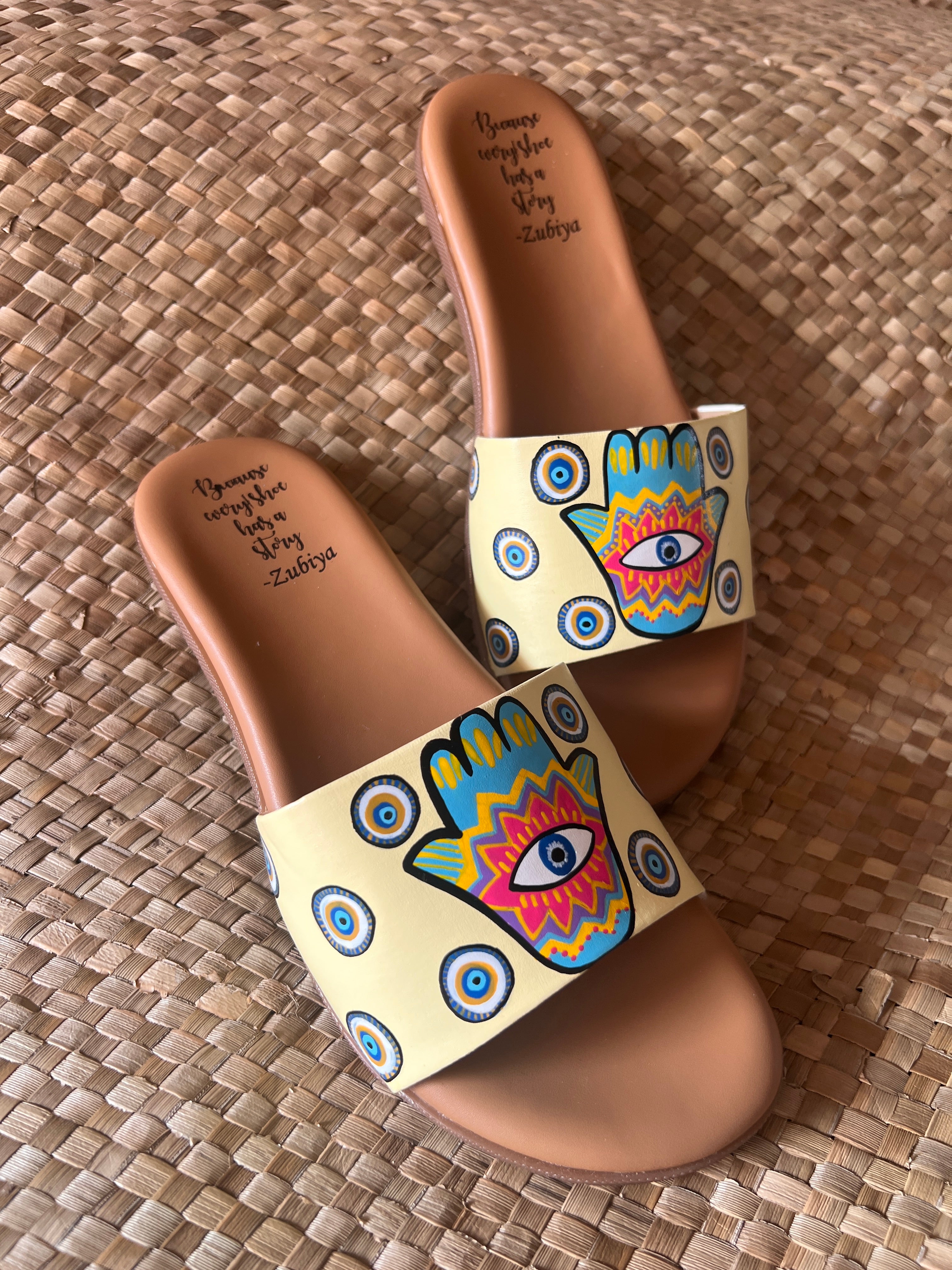 Hand of Hamsa (evil eye) brown sole slider