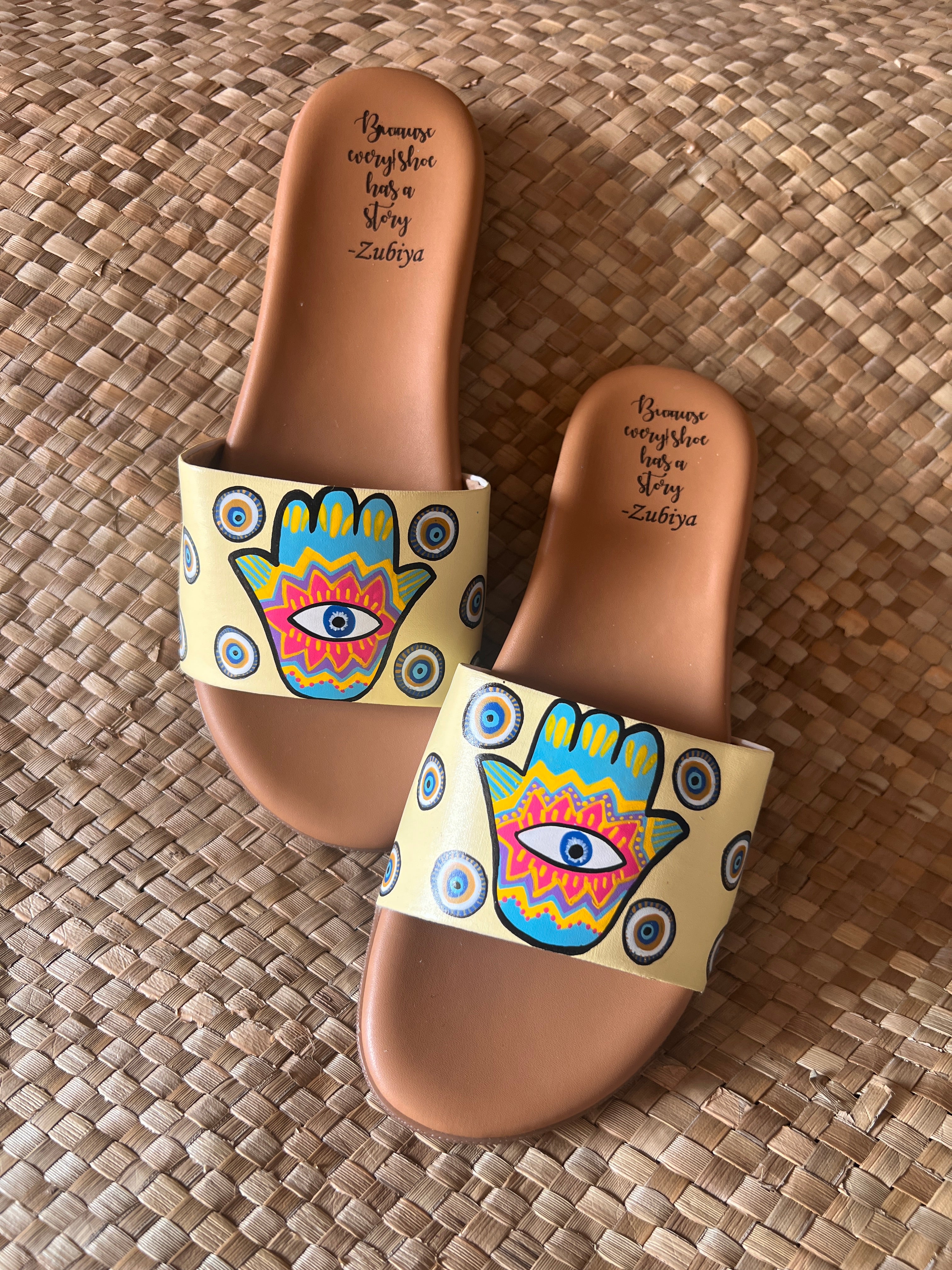 Hand of Hamsa (evil eye) brown sole slider