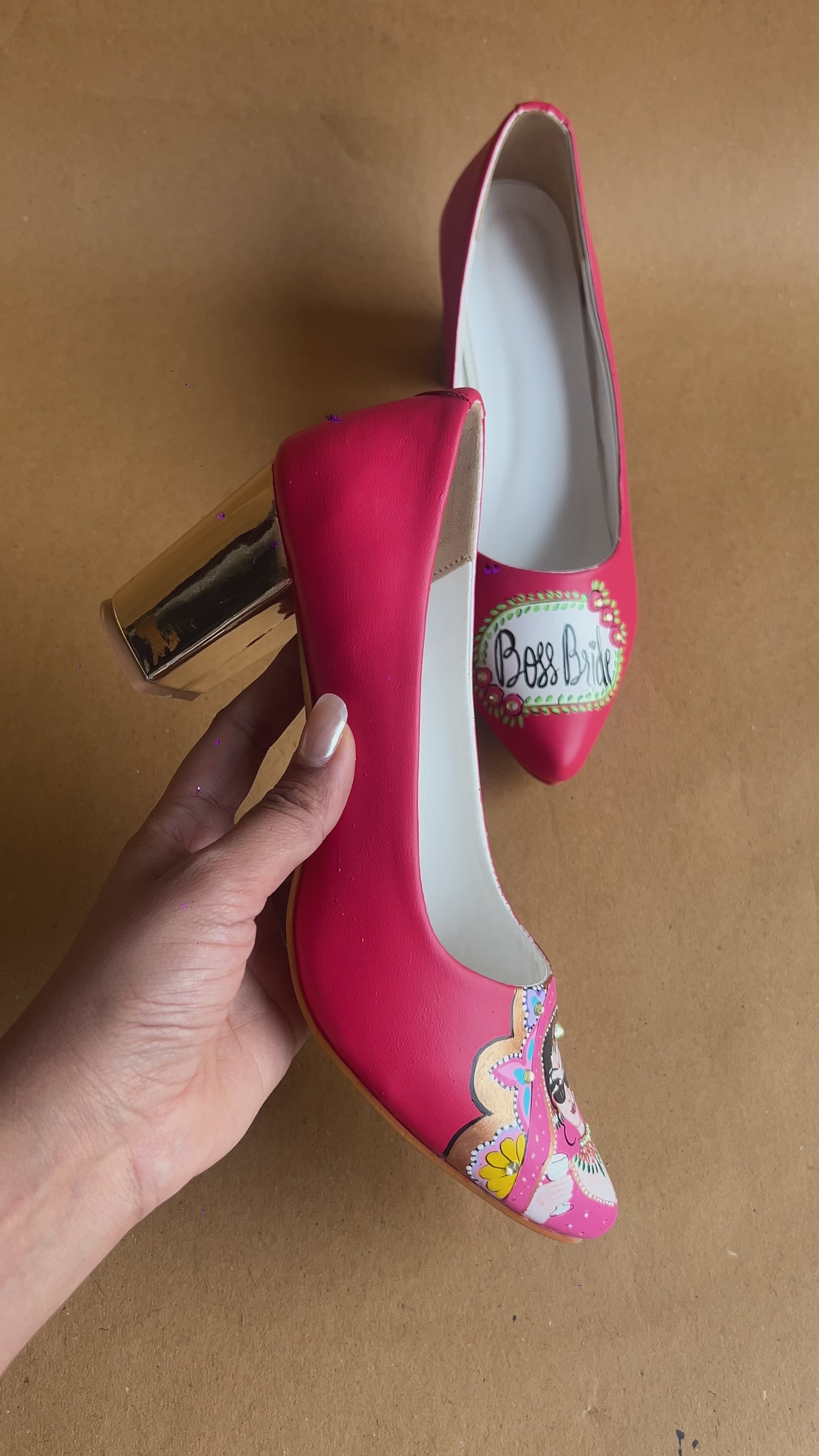 Coral red  Dulhan Artwork block 3.5 Inch pump Heels