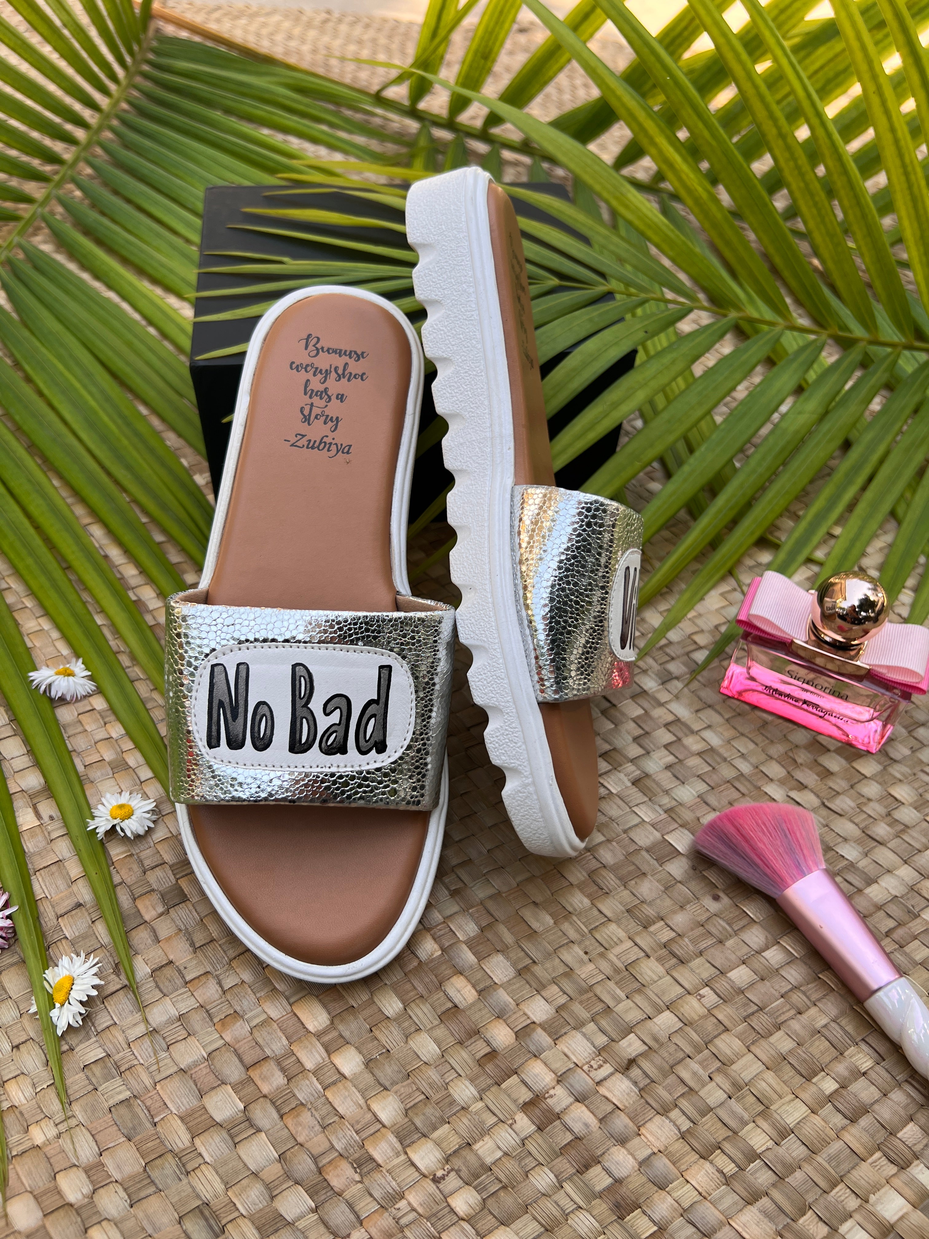 no bad vibes silver slides