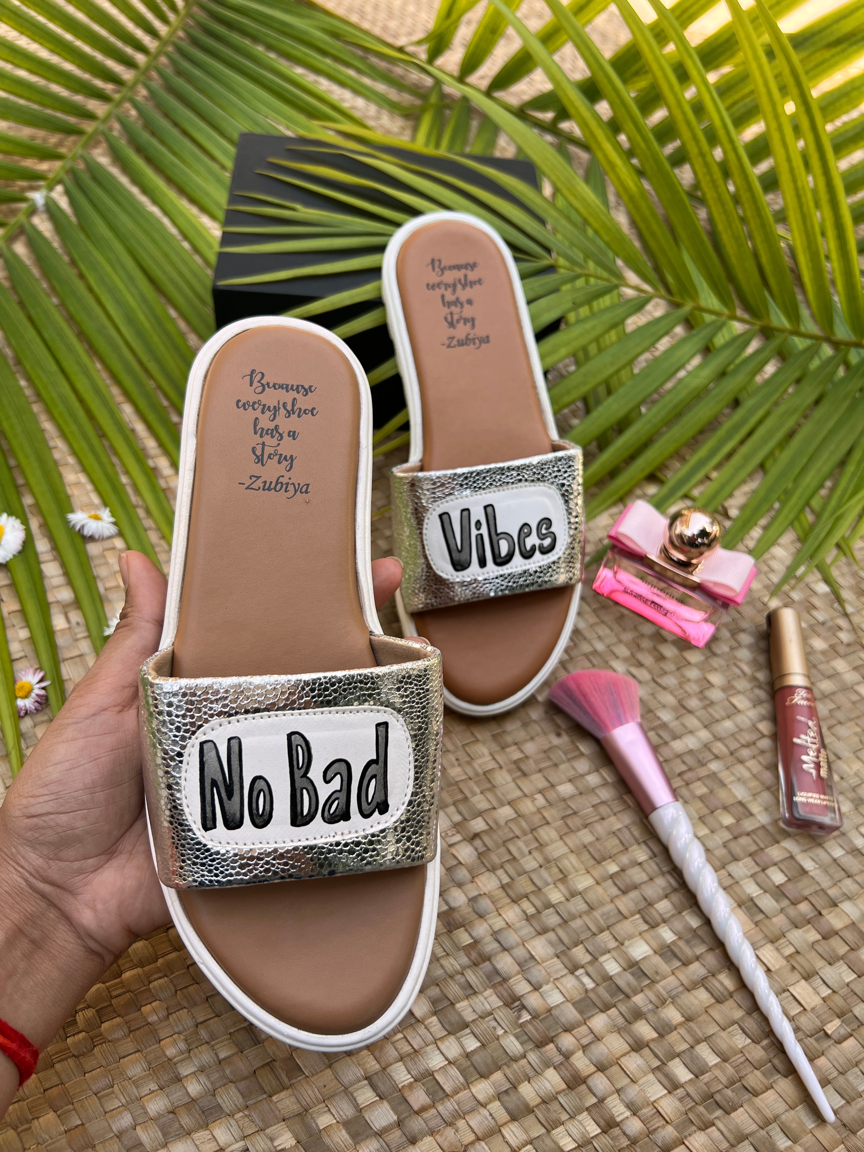 no bad vibes silver slides