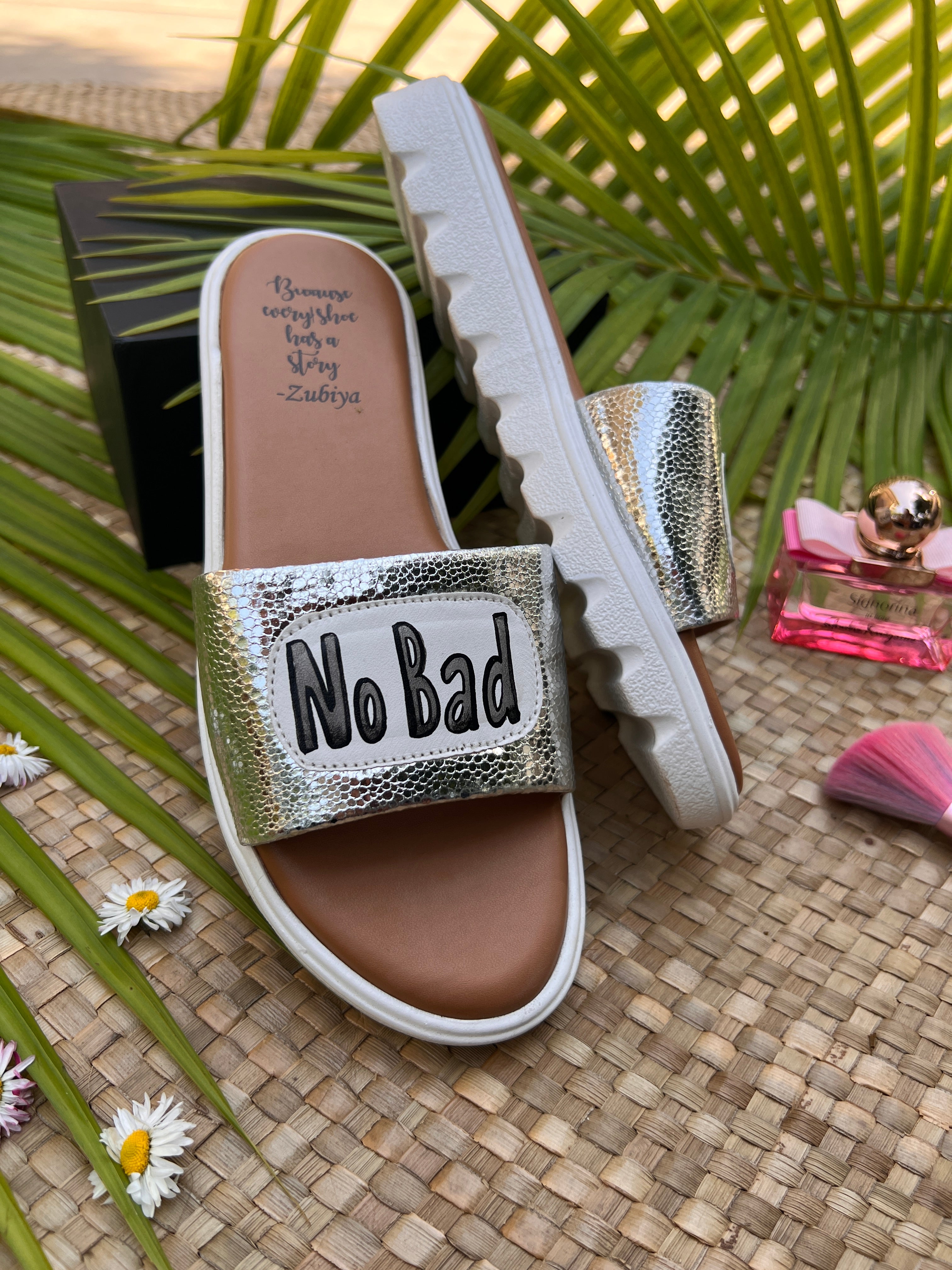 no bad vibes silver slides