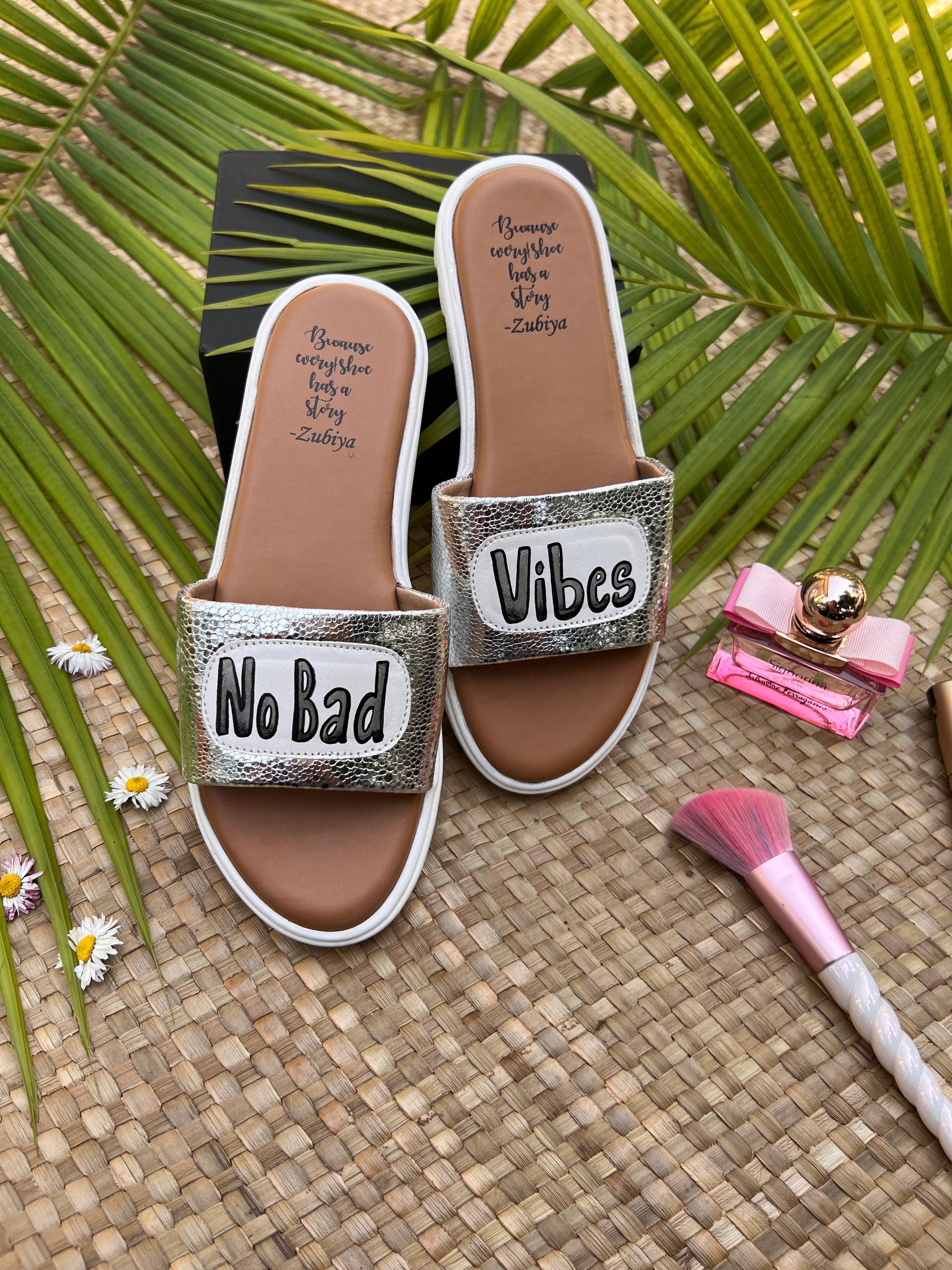 no bad vibes silver slides