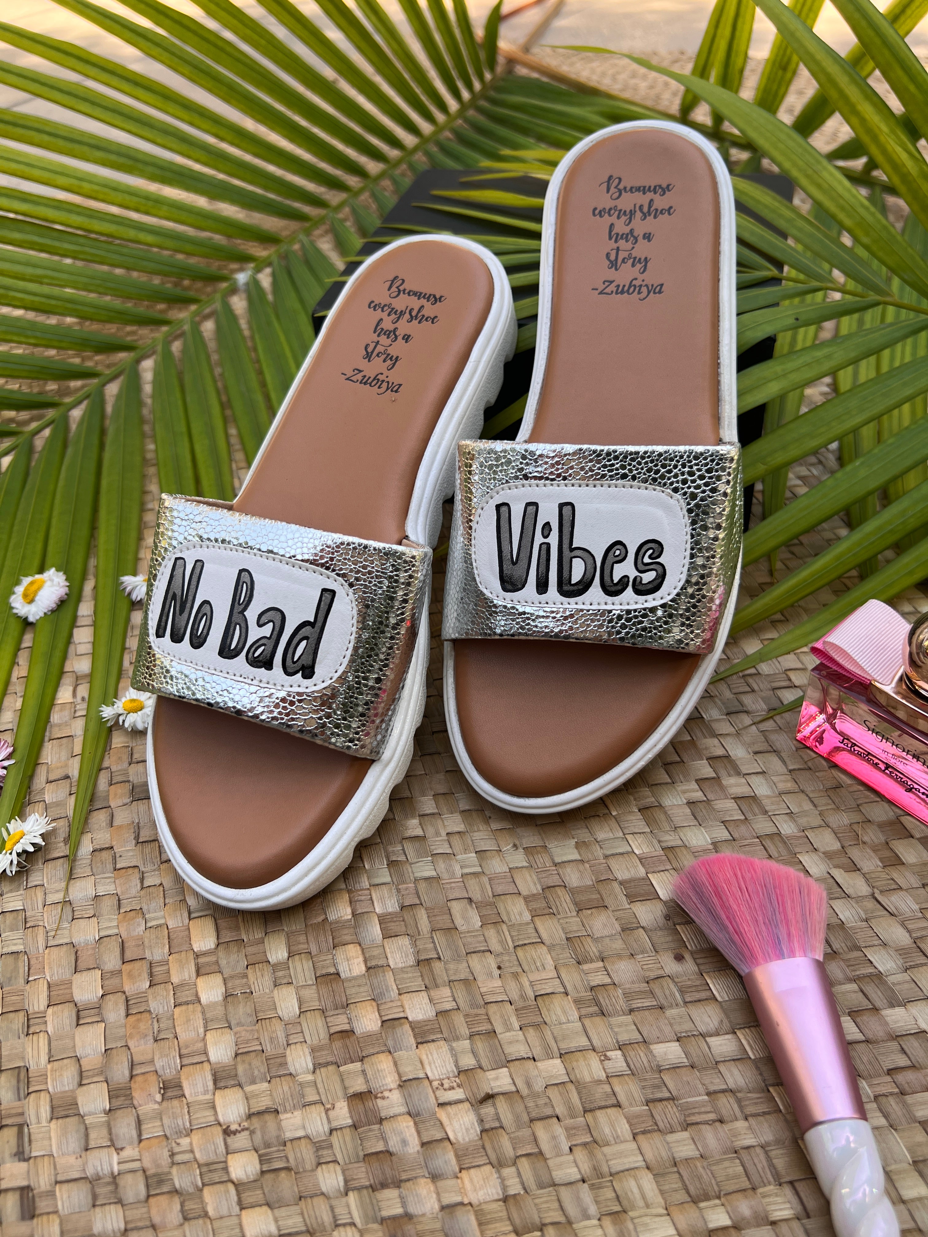no bad vibes silver slides