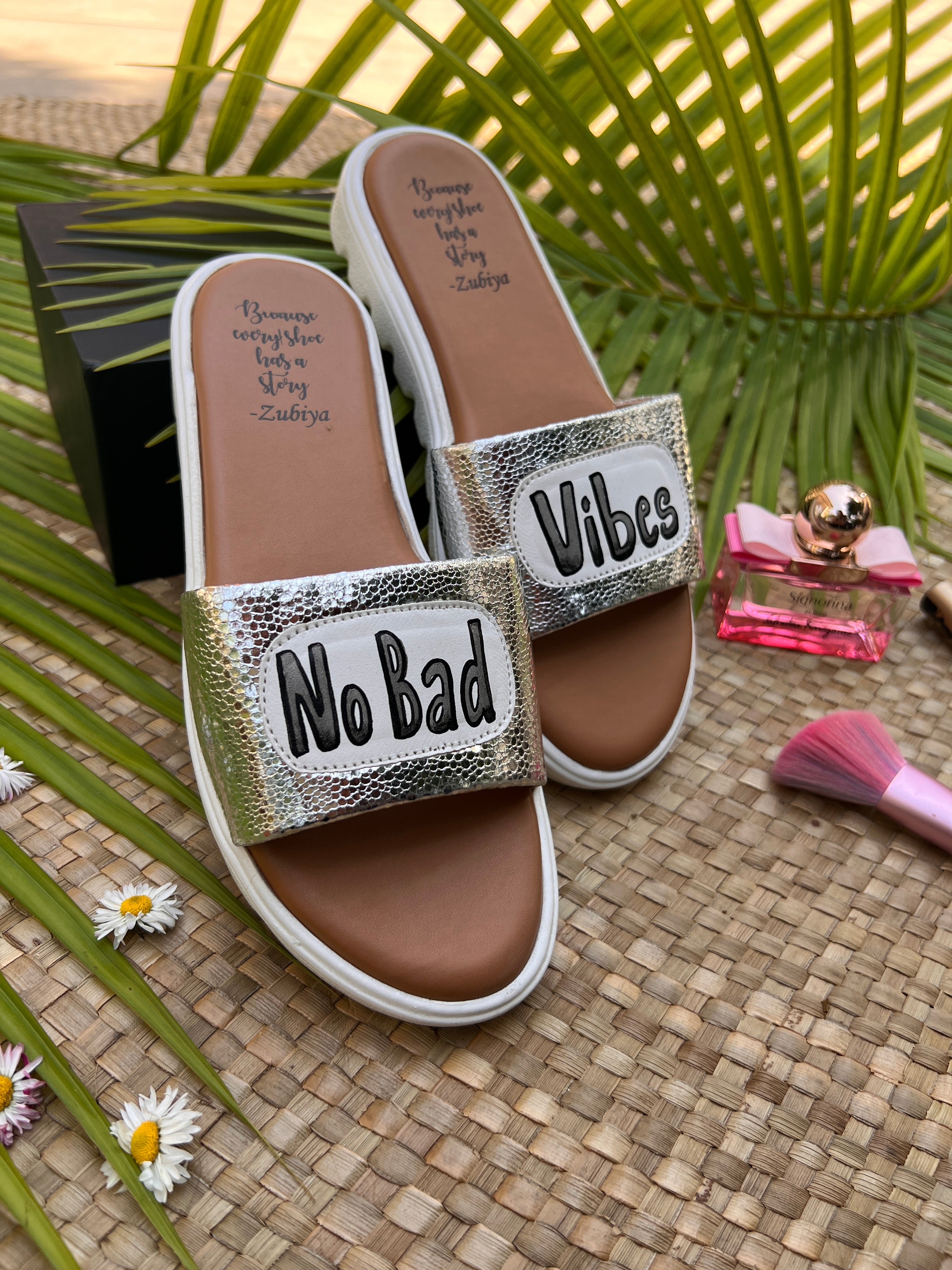 no bad vibes silver slides