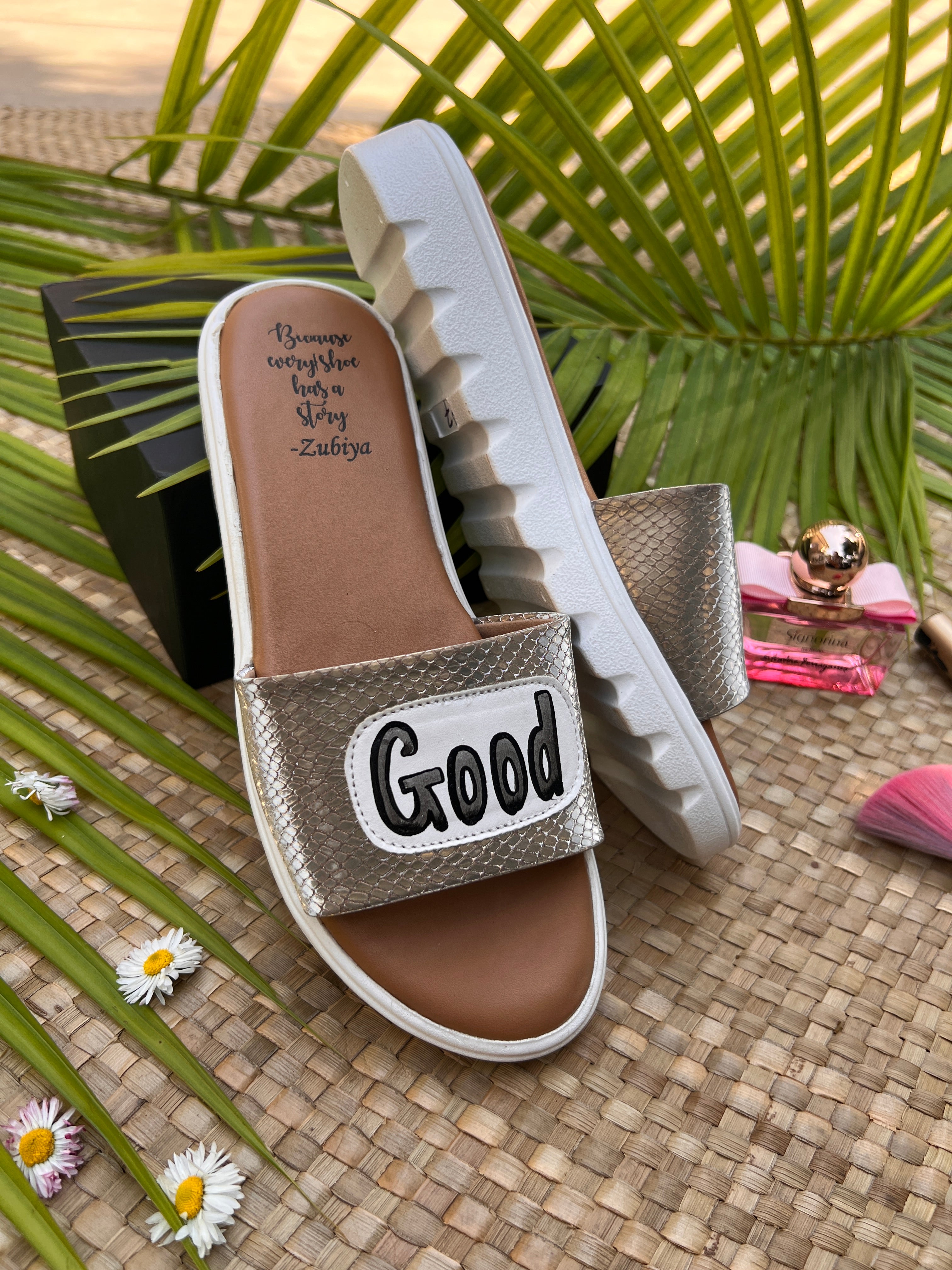 good vibes rustic silver slides