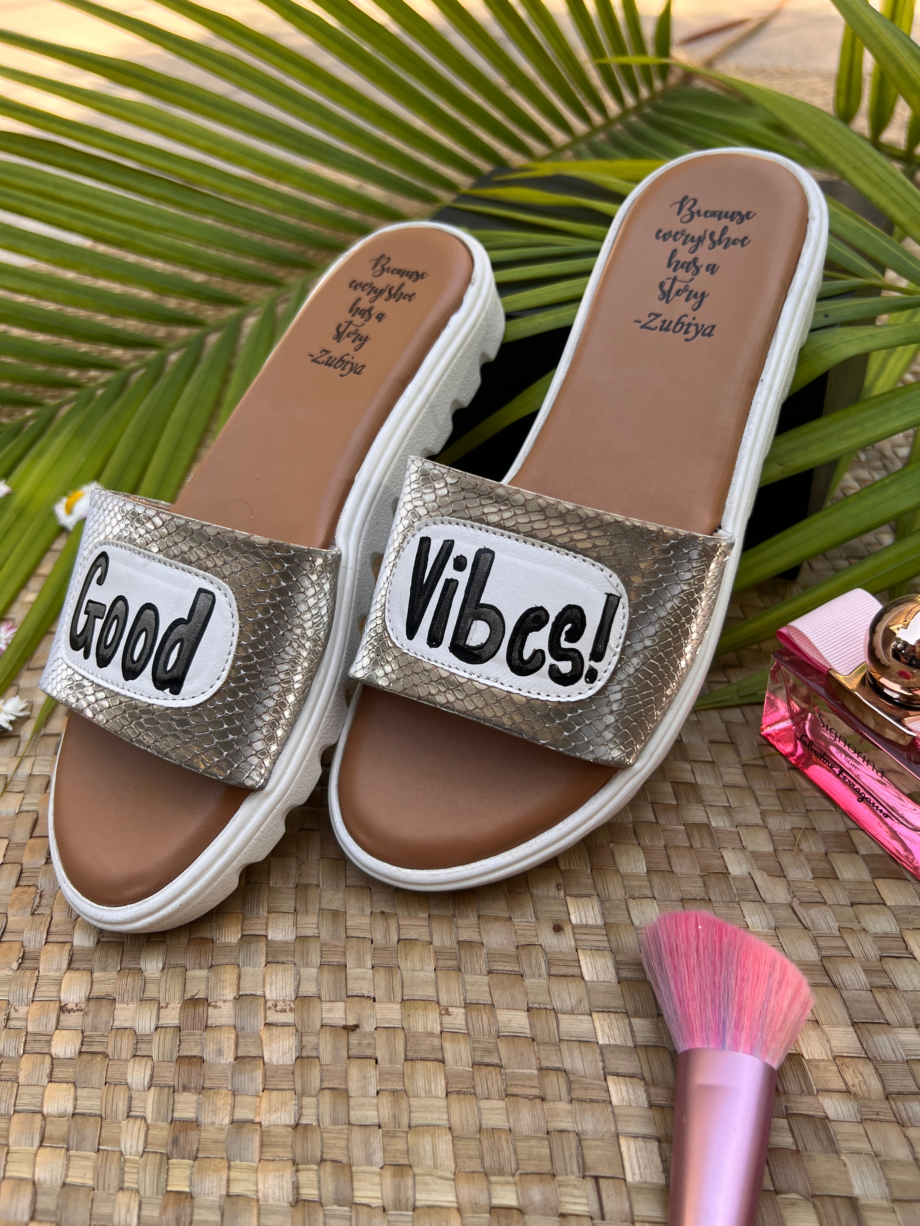 good vibes rustic silver slides
