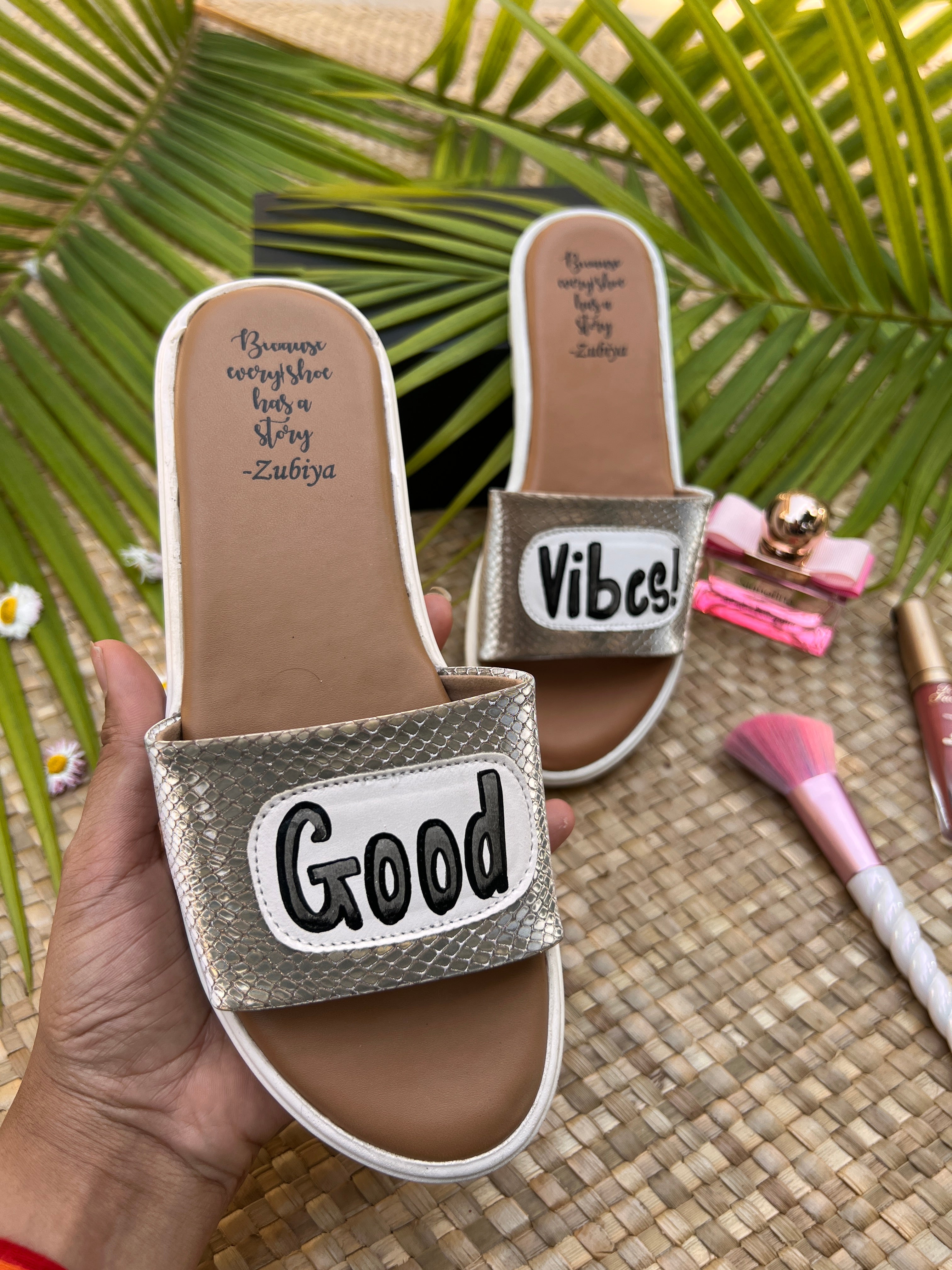 good vibes rustic silver slides