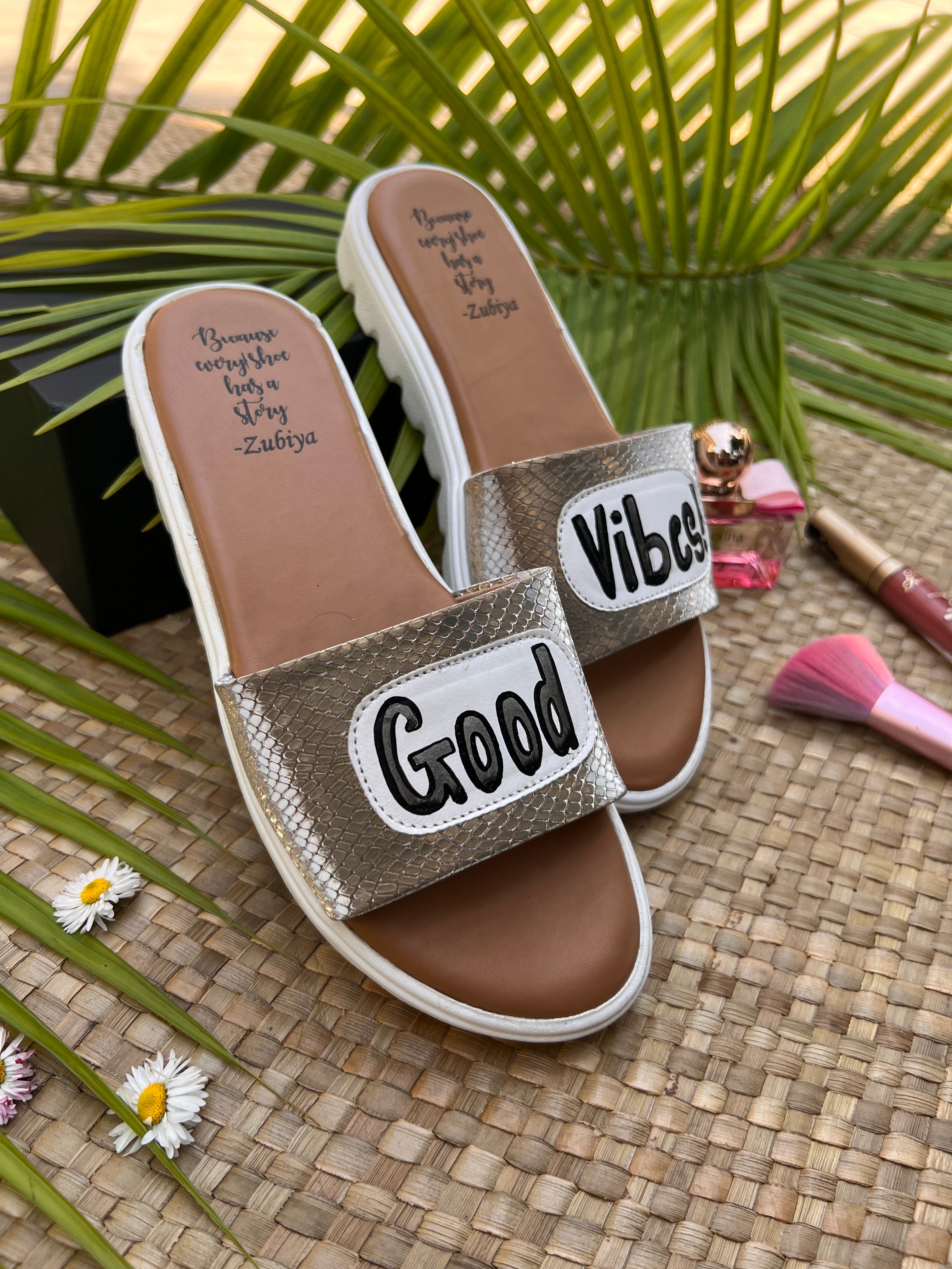 good vibes rustic silver slides