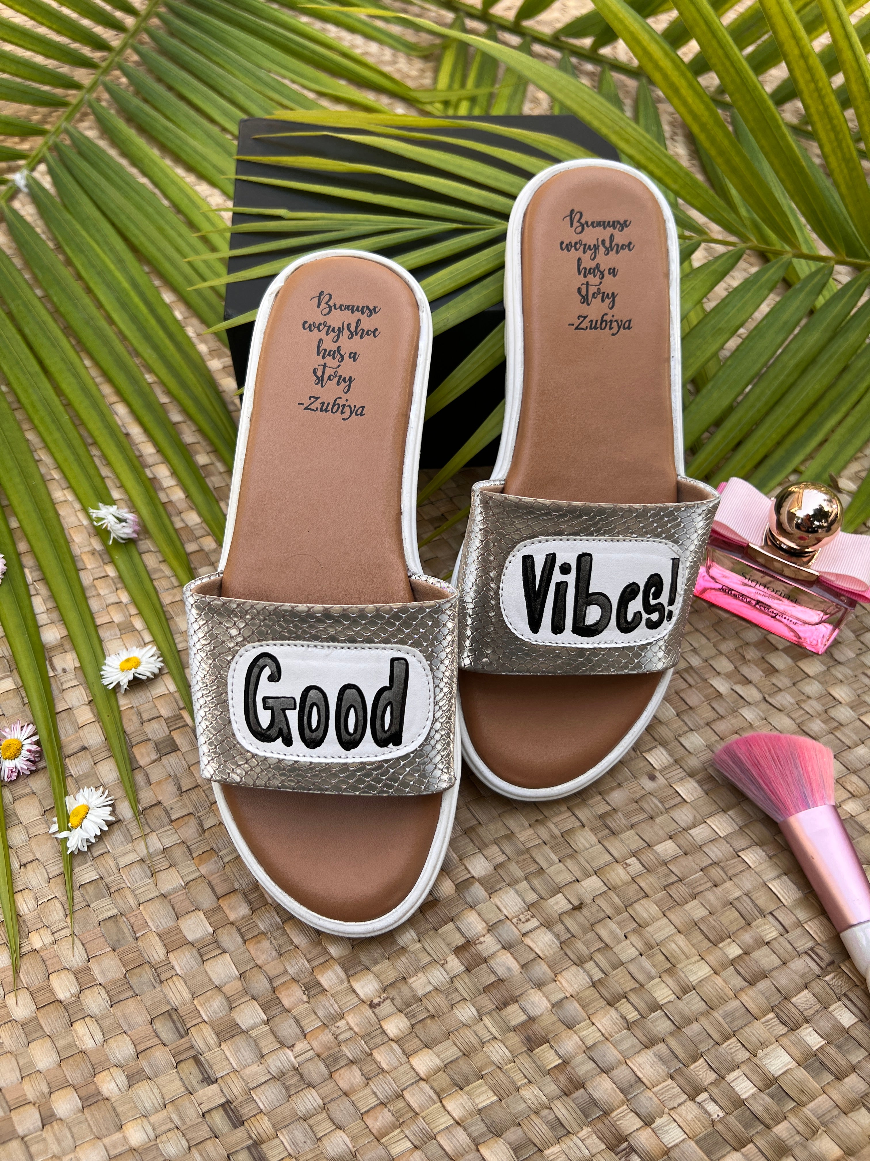 good vibes rustic silver slides