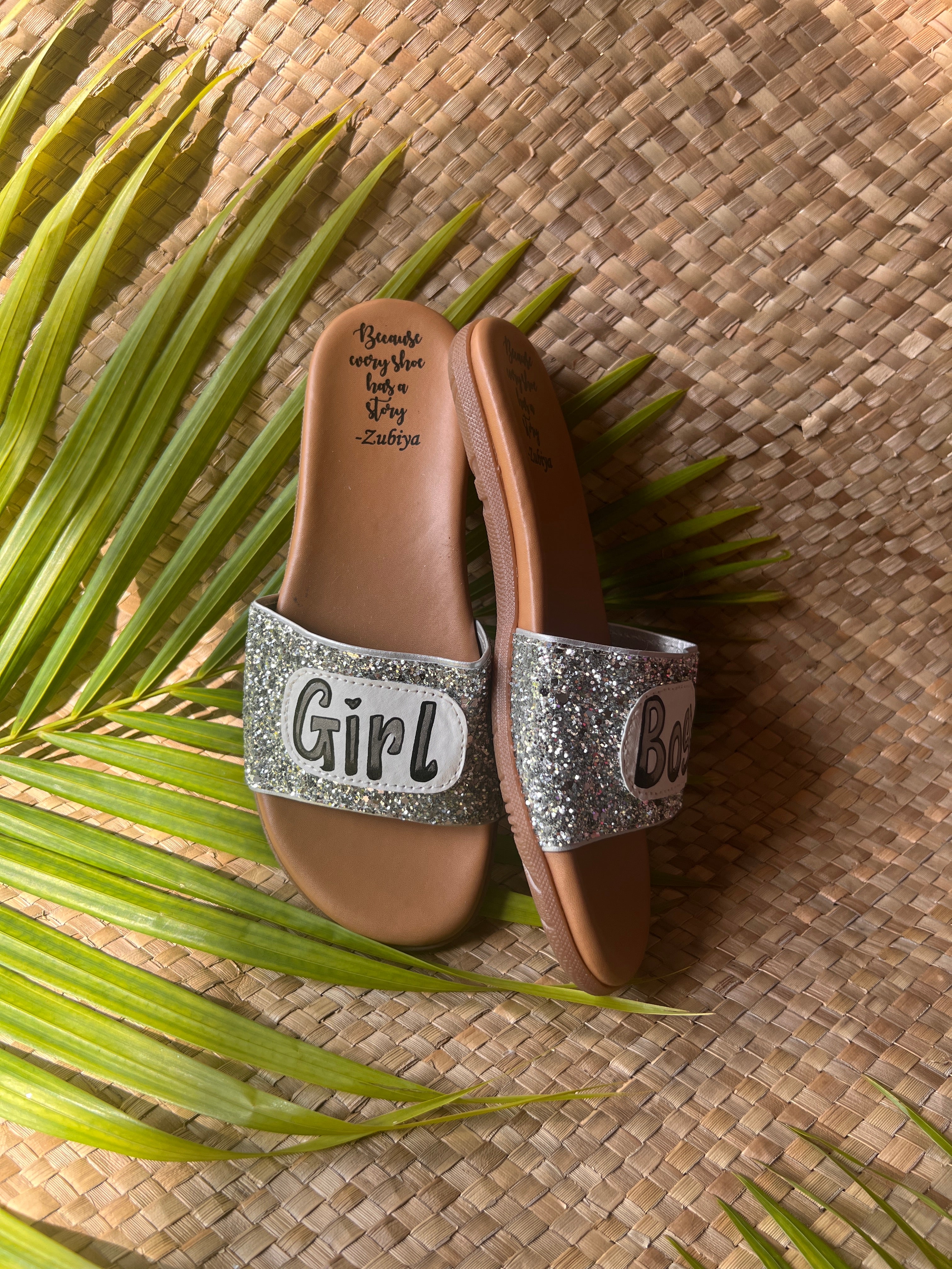 Girl Boss Silver Glitter Slides