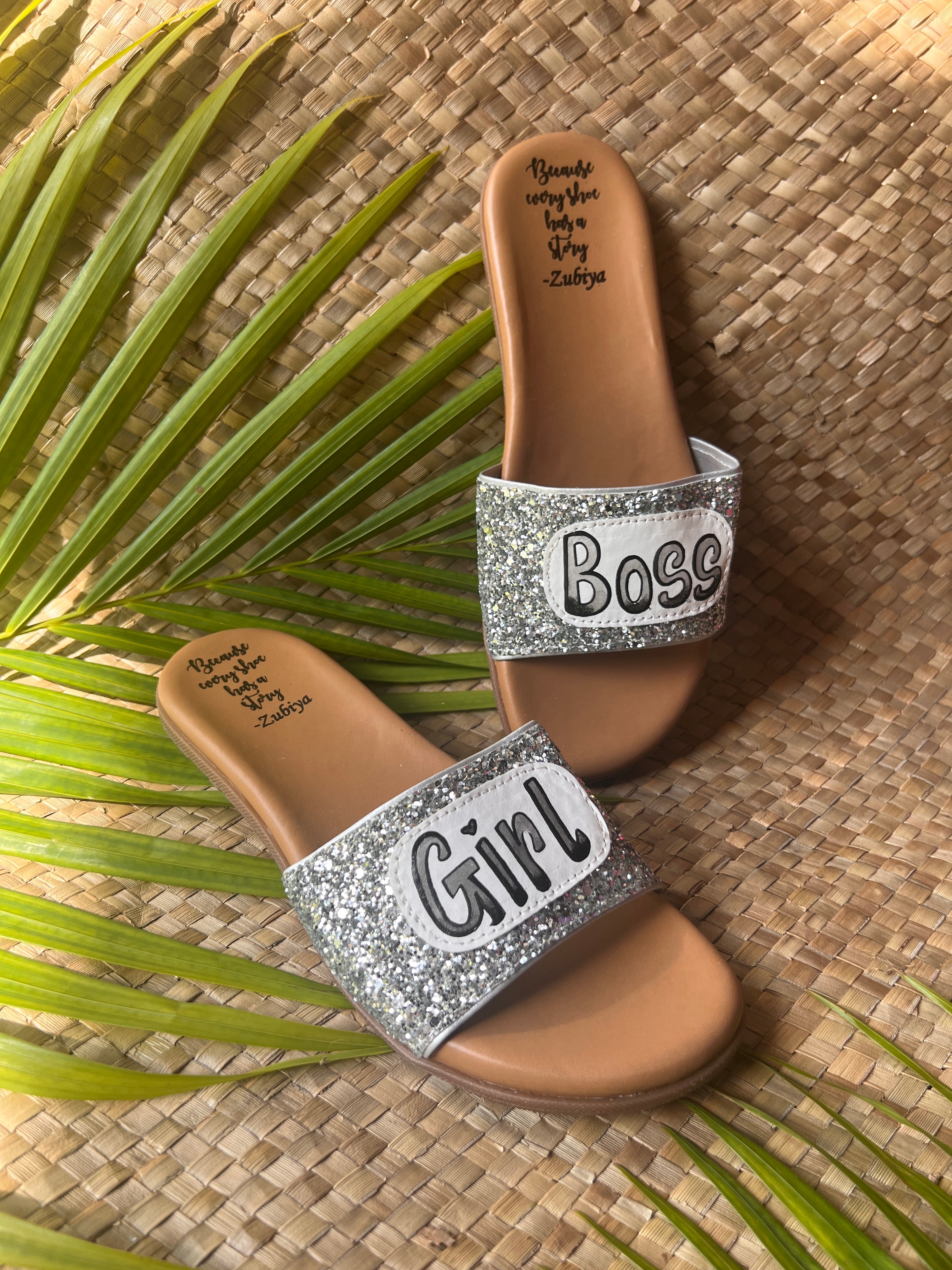 Girl Boss Silver Glitter Slides