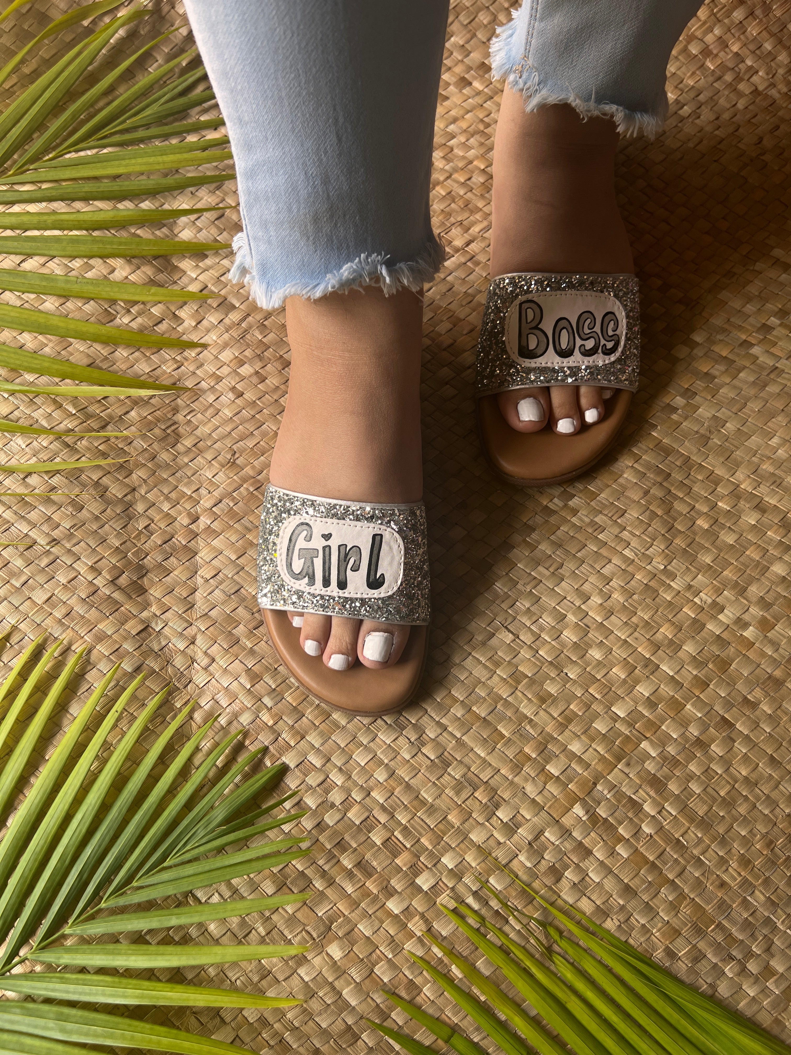Girl Boss Silver Glitter Slides