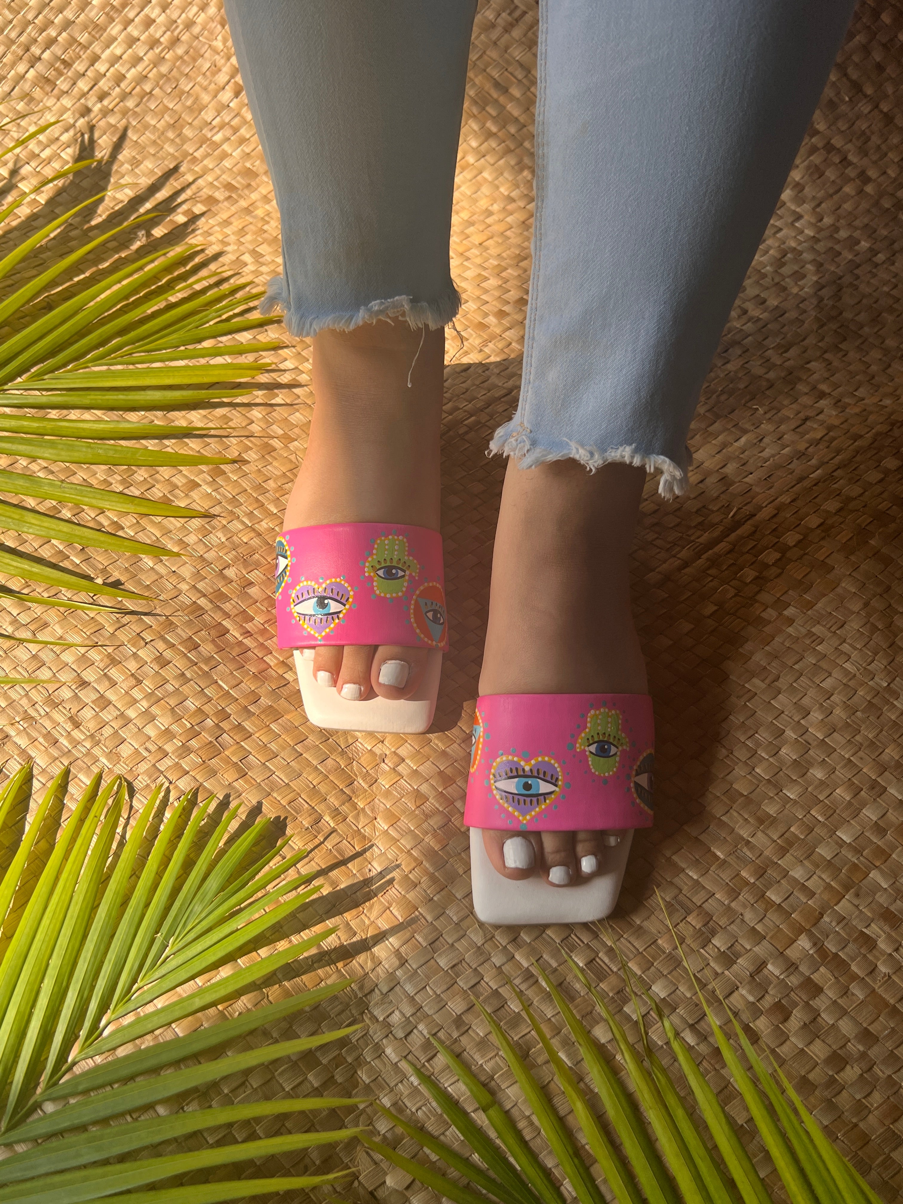 Hand Of Hamsa evil eye  (Hot Pink Sq. Toe) Slides