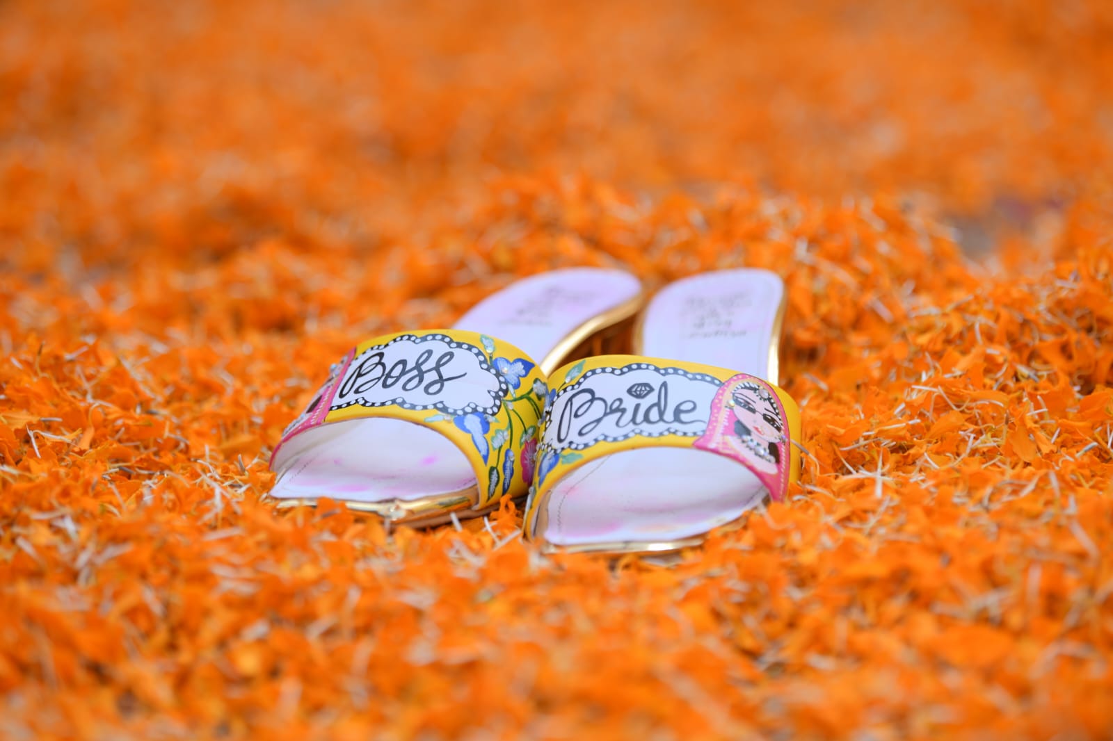 Both side  Yellow Dulhan Artwork 2 Inch Sq. Toe Heel