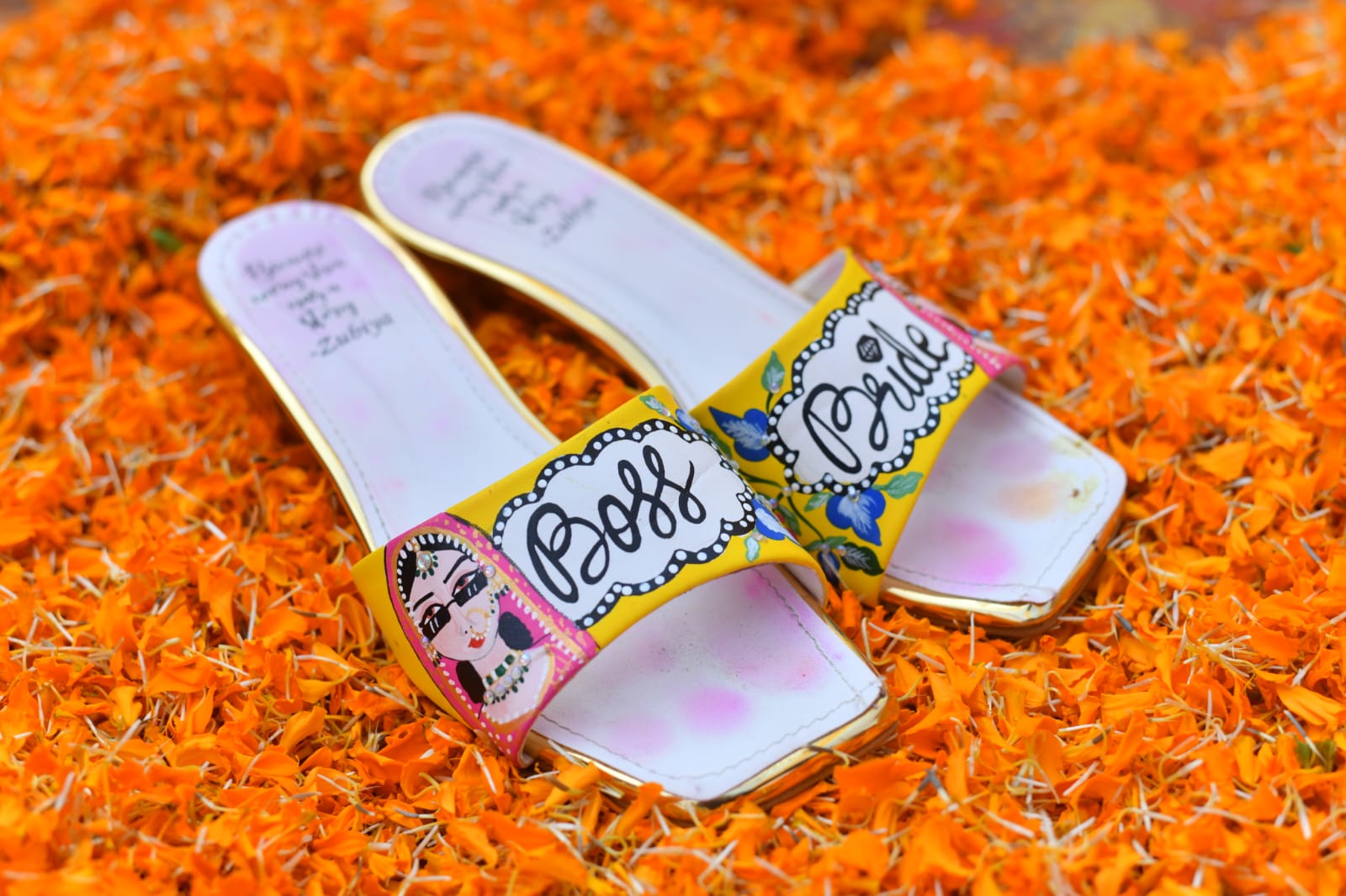 Both side  Yellow Dulhan Artwork 2 Inch Sq. Toe Heel