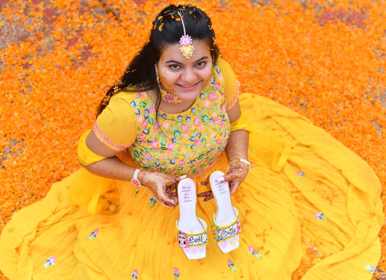 Both side  Yellow Dulhan Artwork 2 Inch Sq. Toe Heel