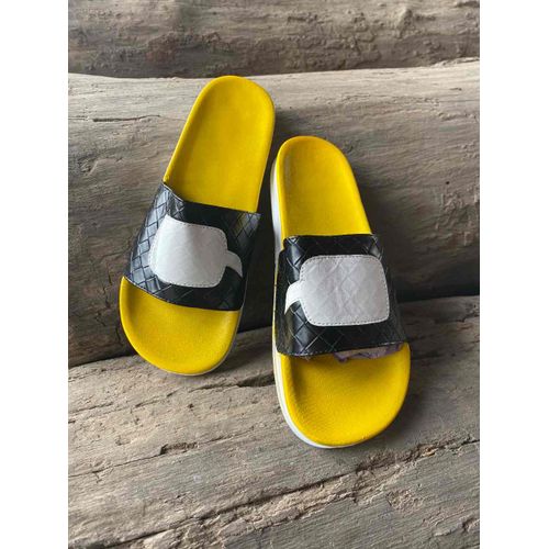 Yellow-Black Mens Plain Slides With Customised Tagline